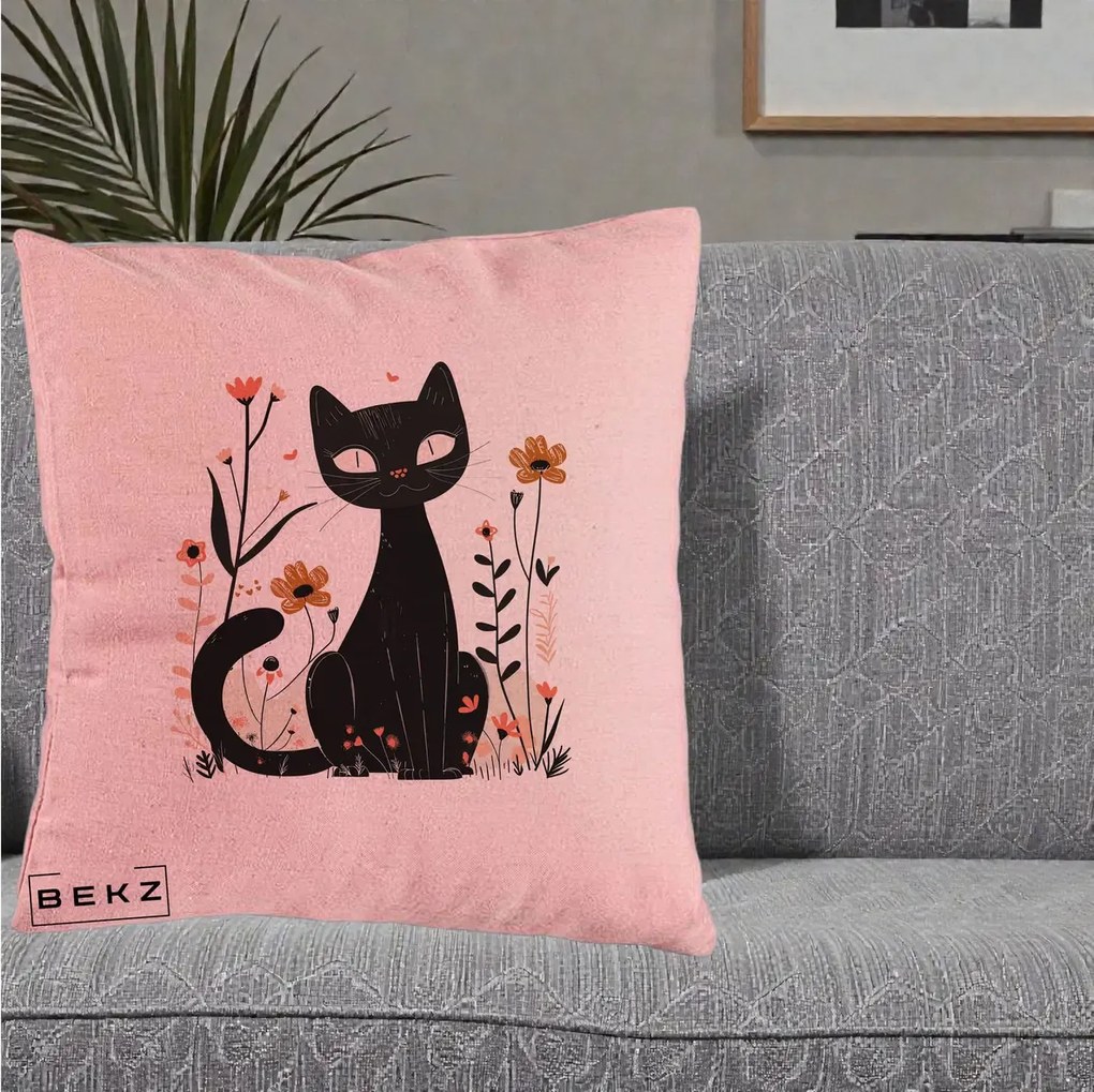 Perna Decorativa Pisica Neagra Flori Pastel Folk, 40x40 cm, Roz, Husa Detasabila, Perna Inclusa, BEKZ®