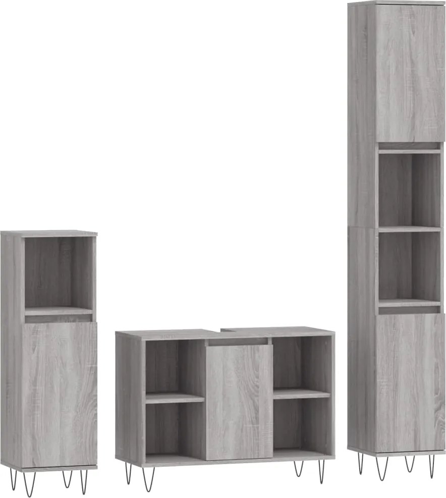 vidaXL Set mobilier de baie, 3 piese, gri sonoma, lemn prelucrat
