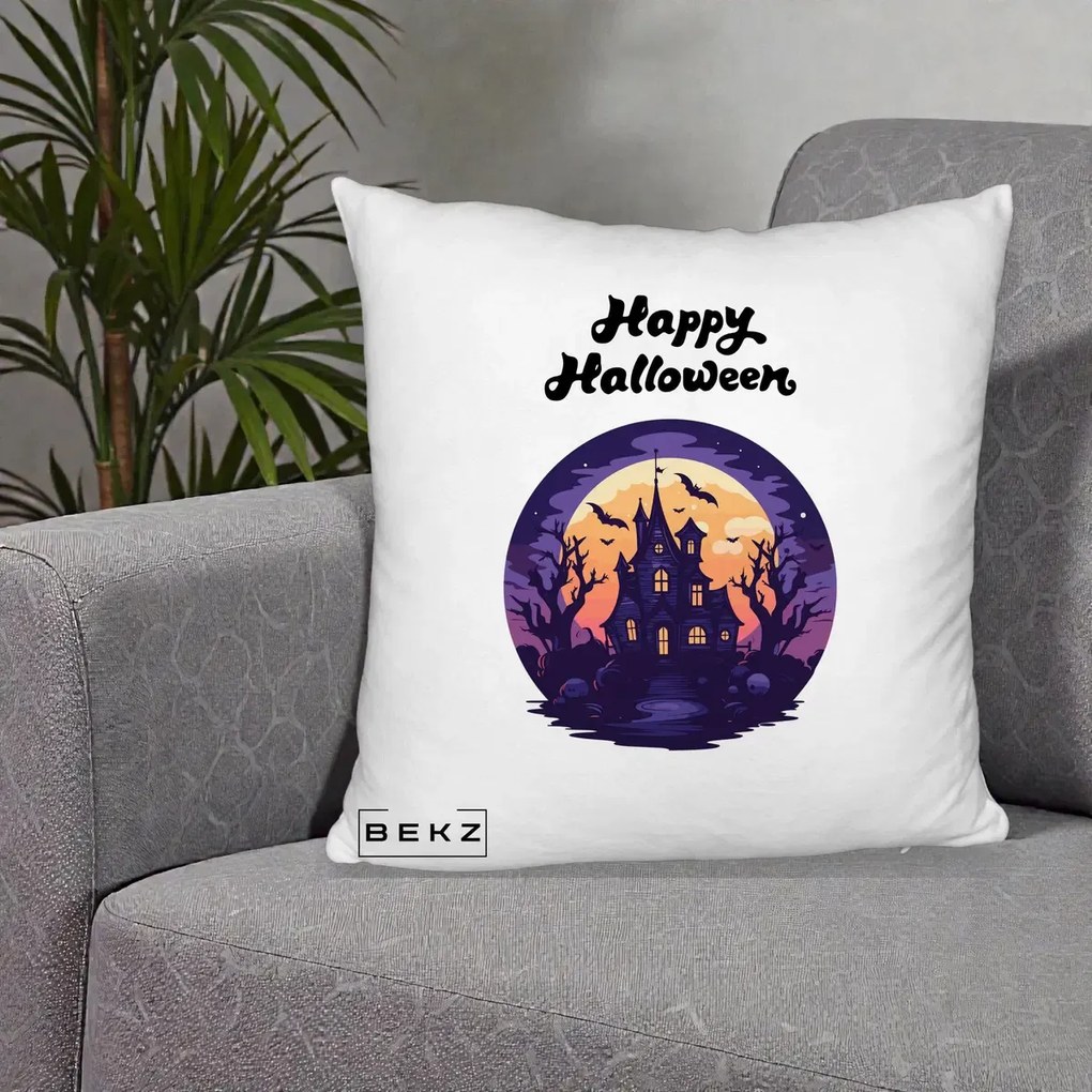 Perna Decorativa Happy Halloween Casa Bantuita Violet, 40x40 cm, Alb Pufos, Husa Detasabila, Perna Inclusa, BEKZ®