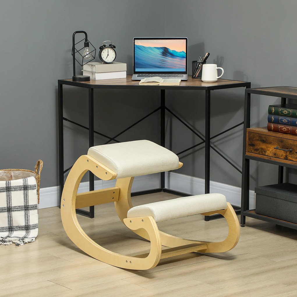 HOMCOM Scaun Ergonomic Postural din Material Textil, Scaun pentru Genunchi cu Mișcare de Legănare, 55x85x55 cm, Alb Crem | Aosom Romania