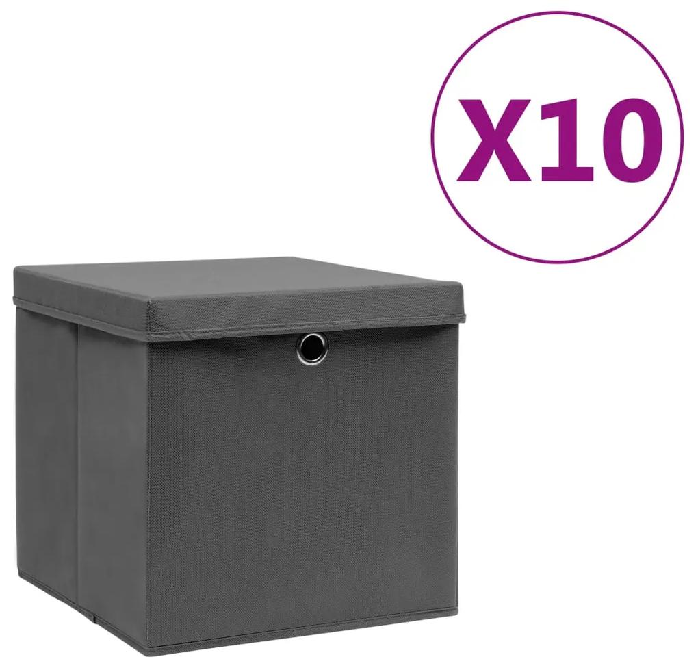 Cutii depozitare cu capac, 10 buc., gri, 28x28x28 cm Gri cu capace, 10, 1, Gri cu capace