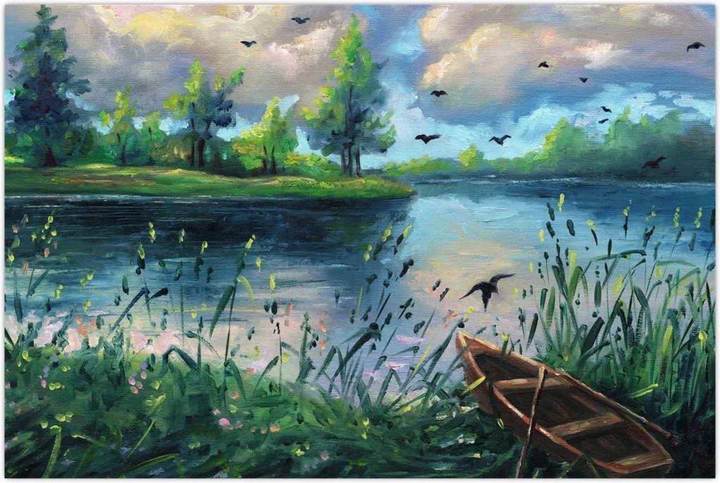 Tablou- Pictură în ulei, seară de vară lângă lac (90x60 cm)