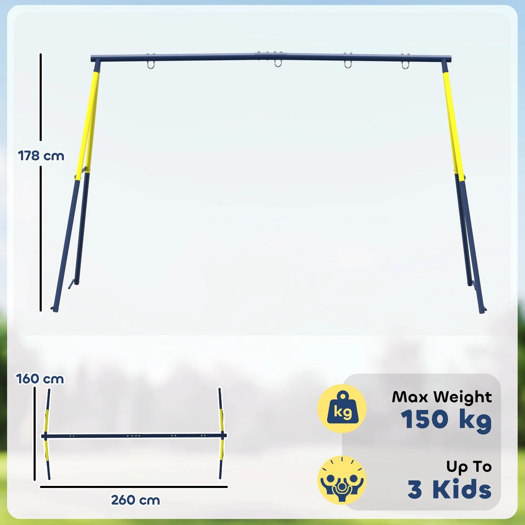 AIYAPLAY Cadru pentru Leagăn de Grădină pentru Copii, Structură din Oțel, Anti-UV, Impermeabil, Suportă 150 kg, cu 4 Cârlige pentru Leagăn Tip Cuib, Leagăn în U, Scară, 260x160x178 cm, Albastru | Aosom Romania