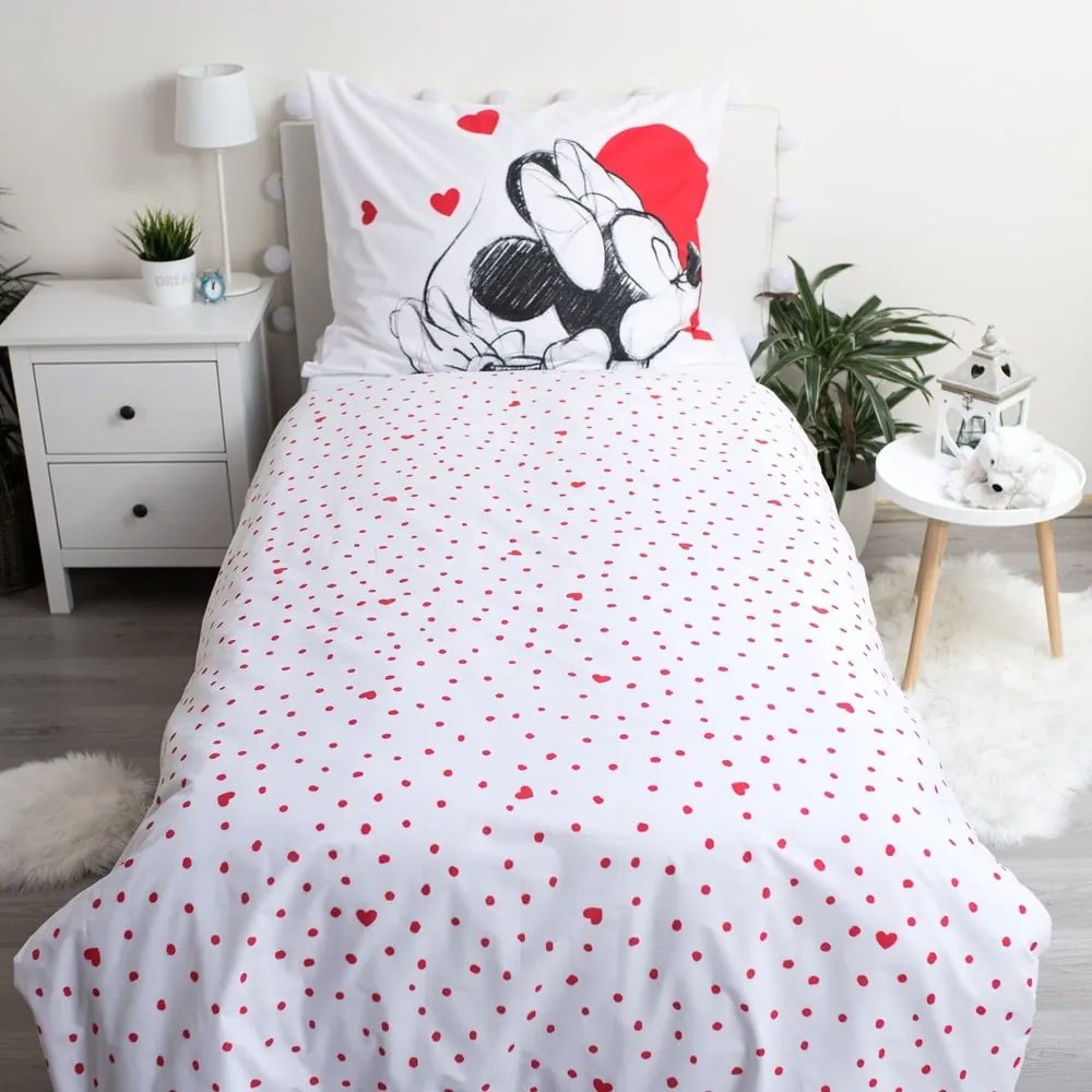Lenjerie de pat pentru copii roșie-albă din bumbac pentru pat de o persoană 140x200 cm Mickey and Minnie "Love" – Jerry Fabrics