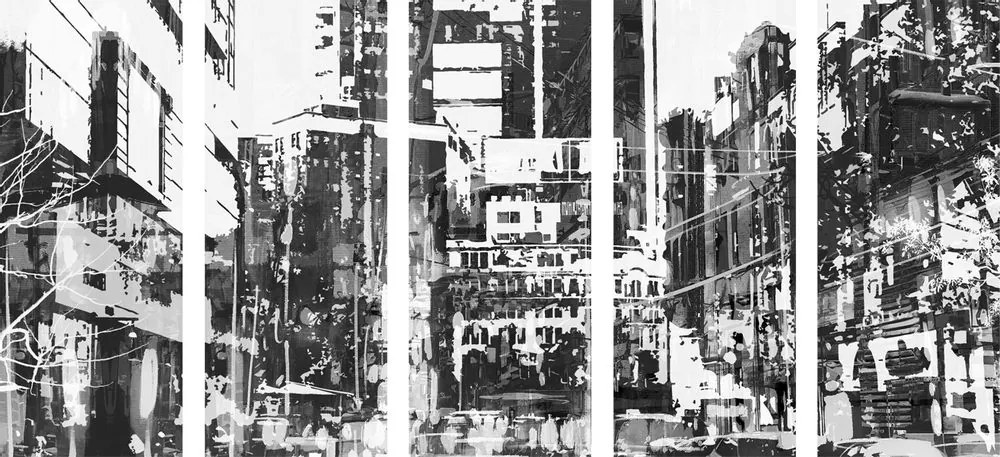 Tablou 5-piese panoramă abstractă a orașului în design alb-negru