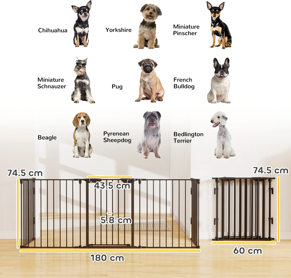 PawHut Poartă pentru Câini de Talie Mică și Medie, Țarc Pliabil cu Structură Modulară cu 5 Panouri, 300x3x74.5 cm, Negru | Aosom Romania