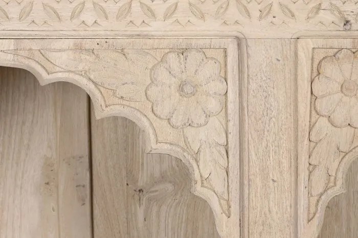 Bibliotecă sculptată manual din lemn masiv, finisaj natural, 9 nișe cu arcade mughal, 204×38×196 cm, „Navaratna"