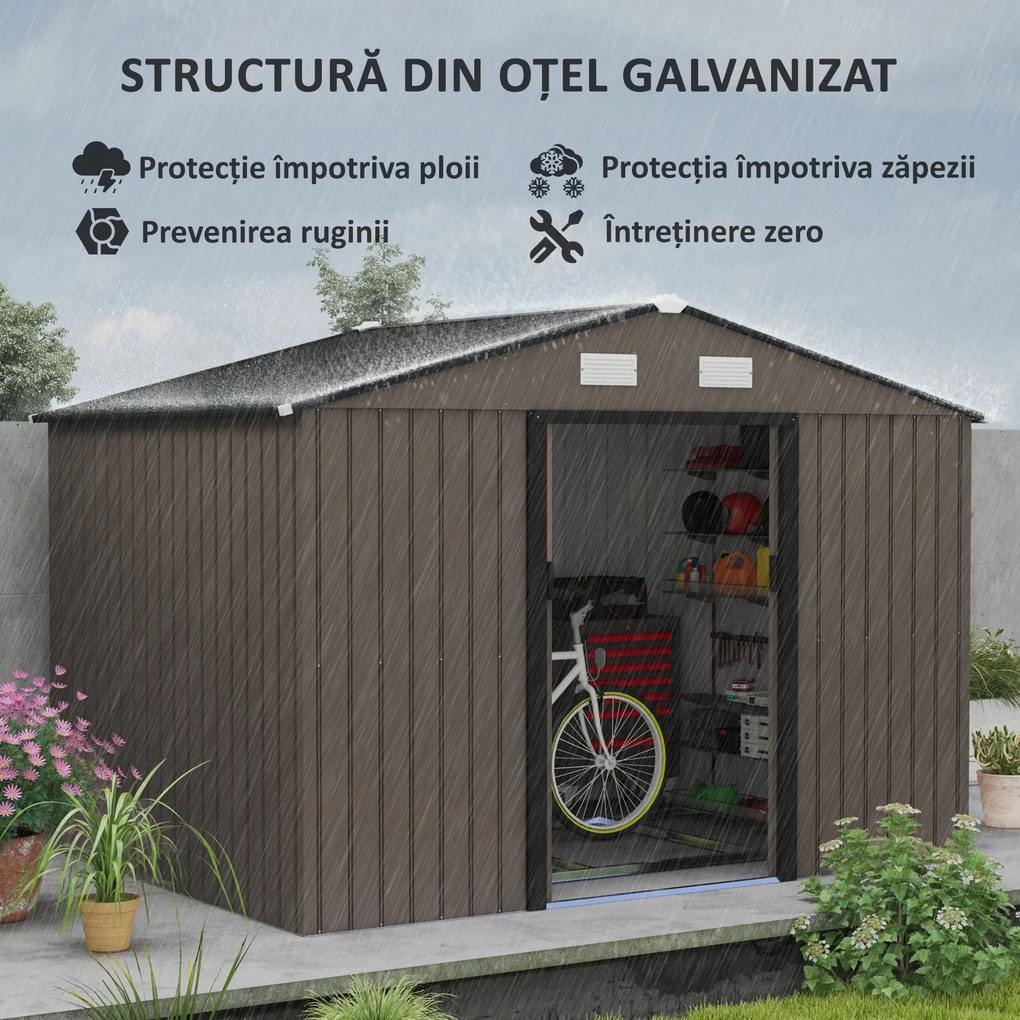 Outsunny Magazie de Grădină din Oțel cu 2 Uși Glisante, Maro | Aosom Romania