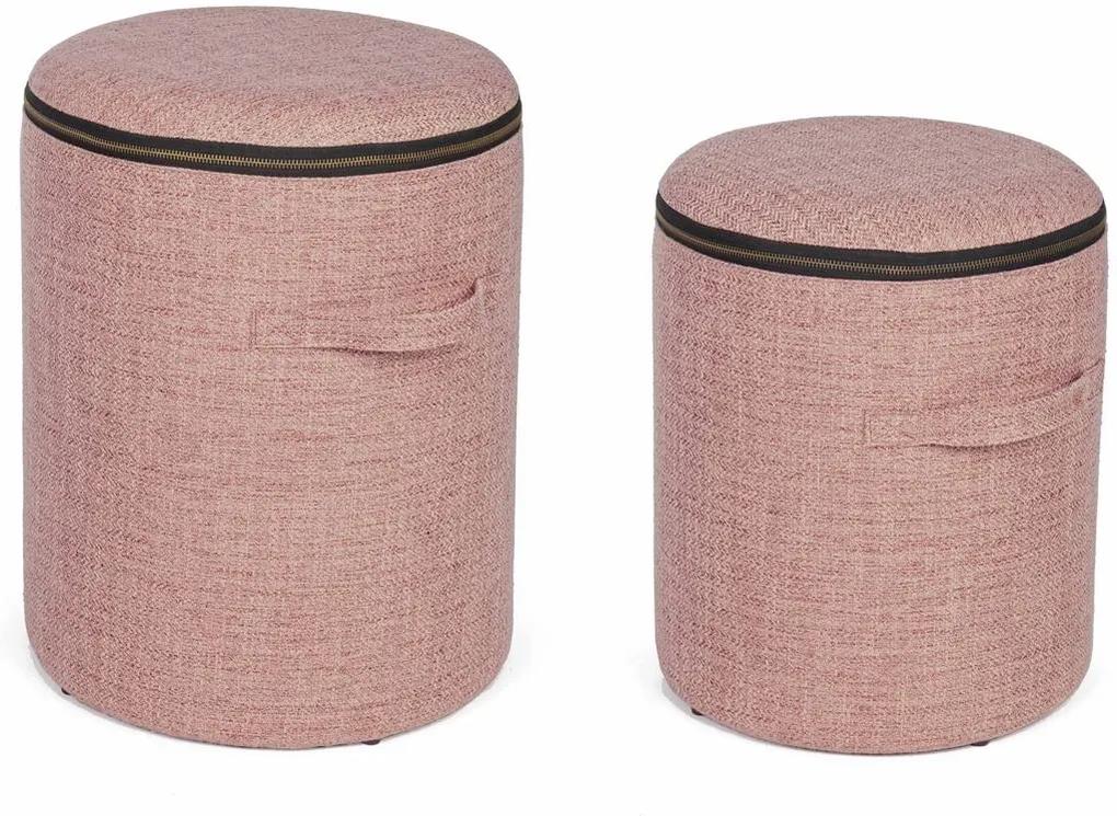 Set 2 tabureti tapiterie stofa roz negru cu spatiu depozitare Radmila Ø 30.5 cm x 38 h; Ø 35 cm x 44 h