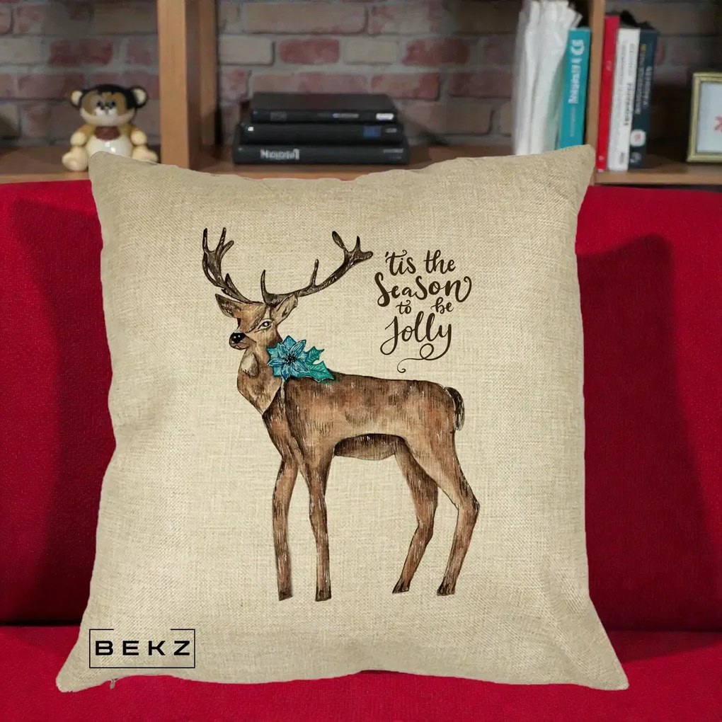 Perna Decorativa Ren Tis the Season to be Jolly, 40x40 cm, Crem, Husa Detasabila, Perna Inclusa, BEKZ®