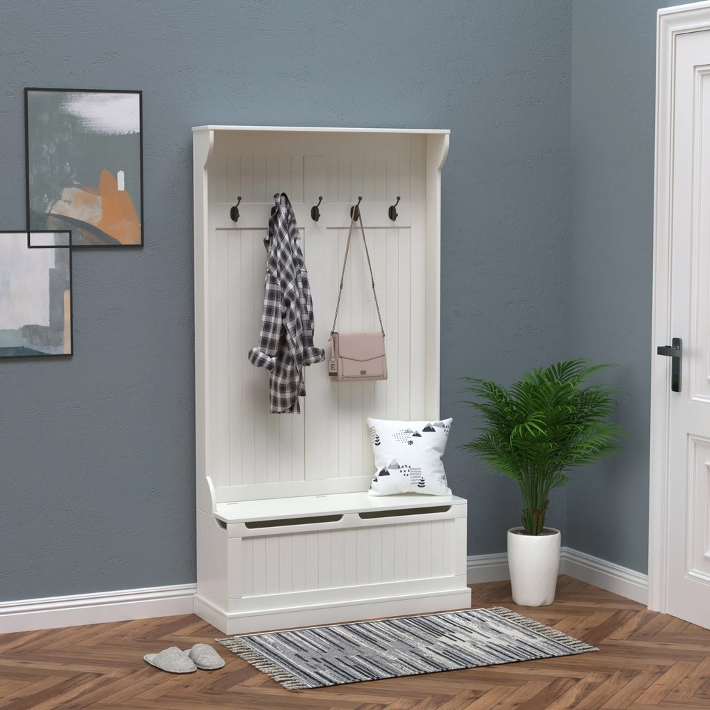 HOMCOM Mobilier de intrare cu banc cuier 3 în 1, 5 cârlige, banc de depozitare pentru sufragerie, coridor 96 x 34 x 179,7 cm crem | Aosom Romania