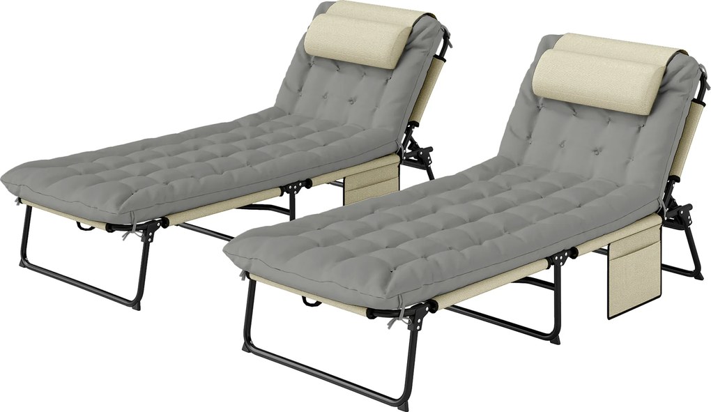 Outsunny Set de 2 șezlonguri pliabile cu spătar reglabil în 4 poziții - suport pentru cap și saltea groasă crem | Aosom Romania