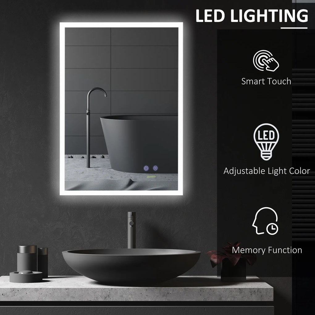 Oglindă Baie LED Kleankin, Iluminare Reglabilă, Smart Touch, Argintiu, 70x50cm | Aosom Romania