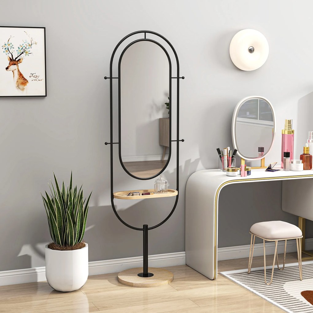 HOMCOM Oglindă de tip stand ovală cu suport de lemn, 4 cârlige și cadru metalic, 50 x 40 x 175,5 cm, negru | Aosom Romania