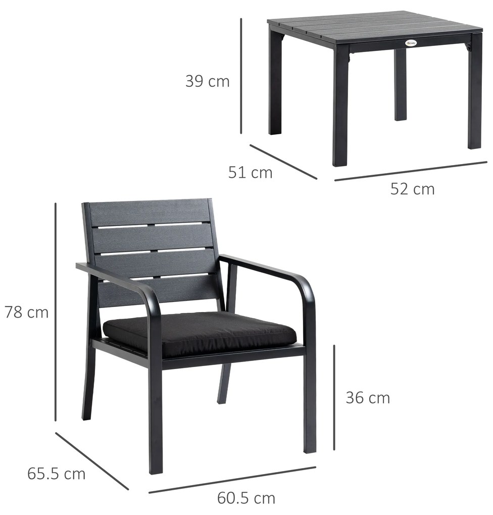 Outsunny Set Mobilier pentru Curte 3 Piese, Oțel și Plastic, Gri, cu Măsuță și 2 Scaune cu Perne | Aosom Romania