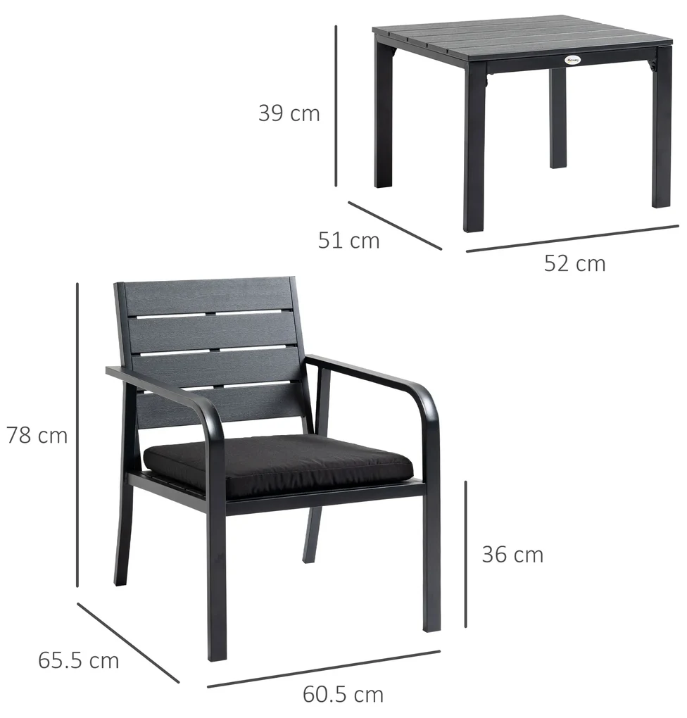 Outsunny Set Mobilier pentru Curte 3 Piese, Oțel și Plastic, Gri, cu Măsuță și 2 Scaune cu Perne | Aosom Romania