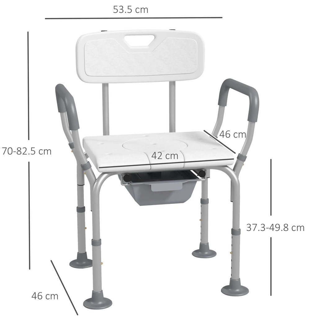 HOMCOM Scaun Baie cu Spătar și Brațe, Toaletă cu Înălțime Reglabilă, Scaun Toaletă cu Plăcuță de Picior, 53,5x46x70-82,5 cm, Alb | Aosom Romania