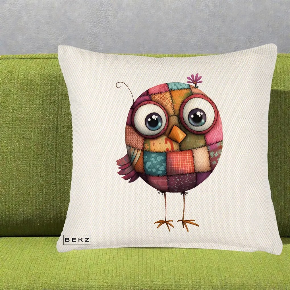 Perna Decorativa Pasare Patchwork Roz cu Floare, 40x40 cm, Crem Reliefat, Husa Detasabila, Perna Inclusa, BEKZ®