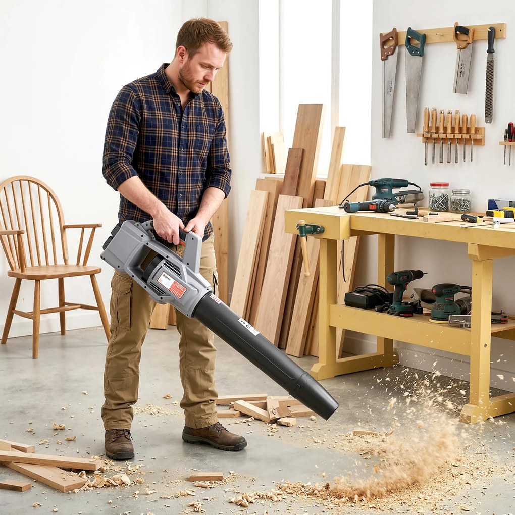 Outsunny Suflător de frunze fără fir 36V cu 2 Baterii de 4.0Ah și Încărcător Motor fără perii 1000W până la 270 km/h Gri Deschis | Aosom Romania