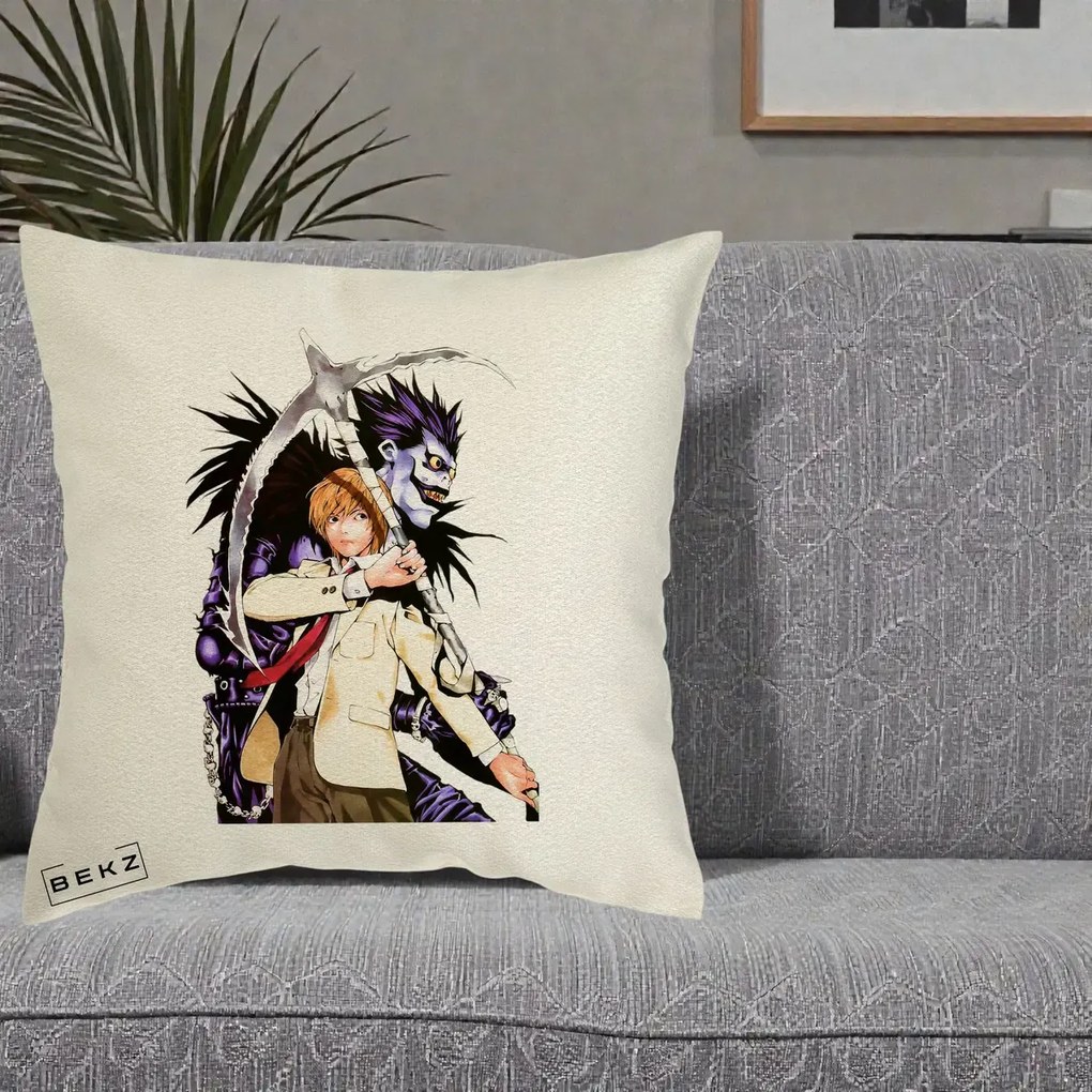 Perna Personalizata Death Note Light si Ryuk Duo, 40x40 cm, Ecru, Husa Detasabila, Perna Inclusa, BEKZ®