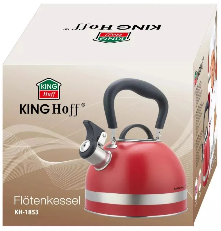 Ceainic cu fluier Kinghoff KH 1853, 1.8 l, Maner izolat termic, Inductie, Rosu/ Inox
