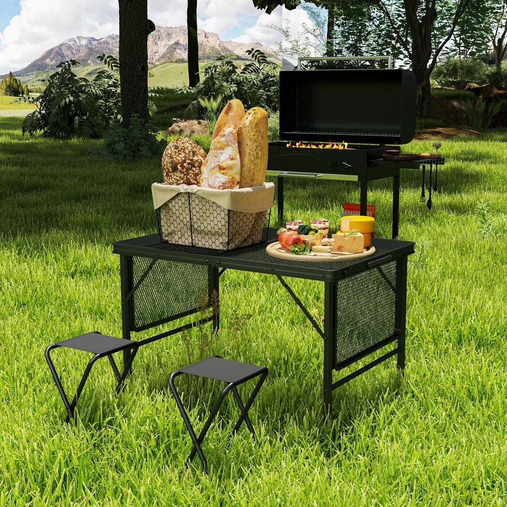 Outsunny Masă de camping pliabilă cu 2 rafturi laterale, înălțime reglabilă pentru camping, picnic, grătar, negru | Aosom Romania