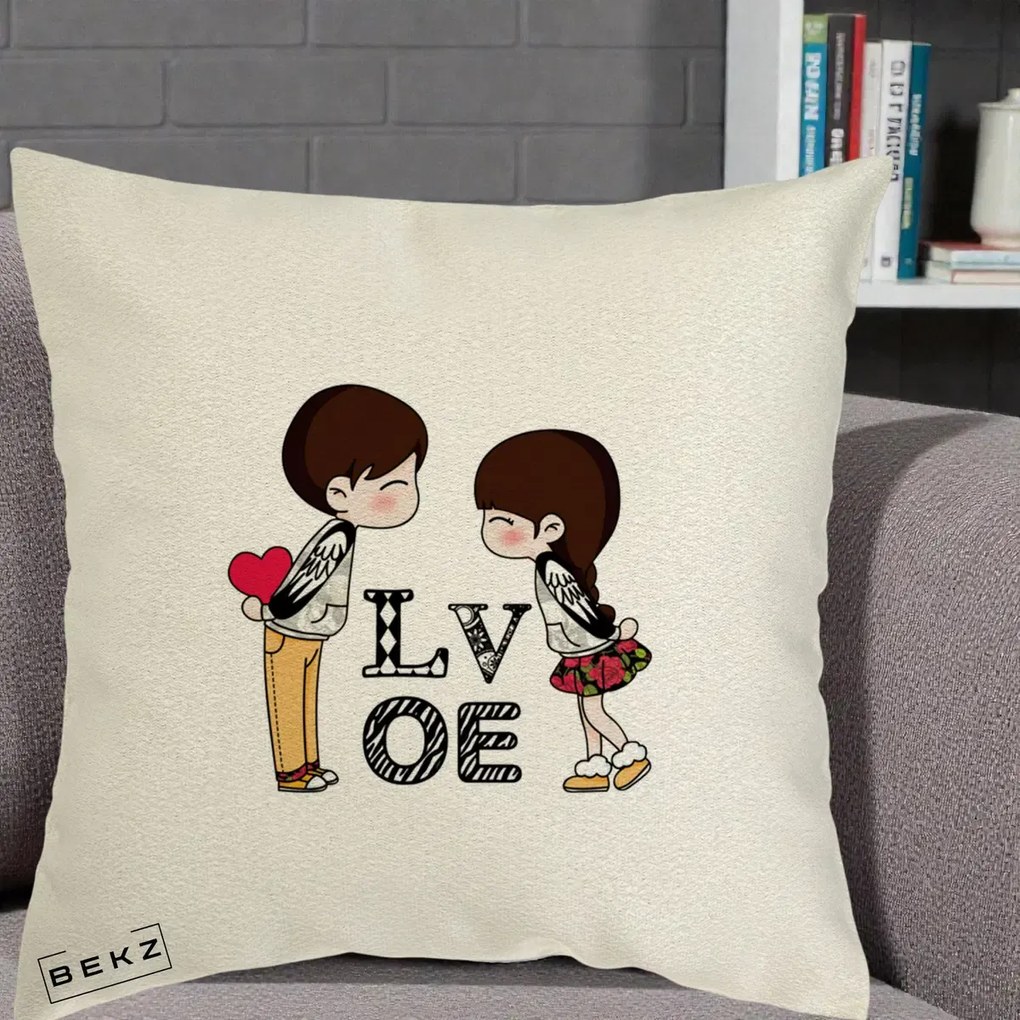 Cadou Romantic - Perna Personalizata Cuplu Kawaii LOVE, 40x40 cm, Ecru, Husa Detasabila, Perna Inclusa, BEKZ®