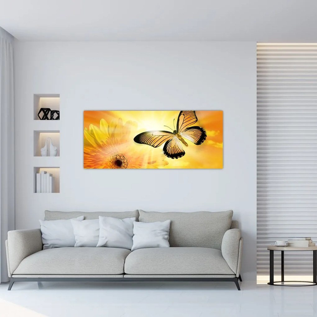 Tablou - Fluture galben cu flori (120x50 cm)