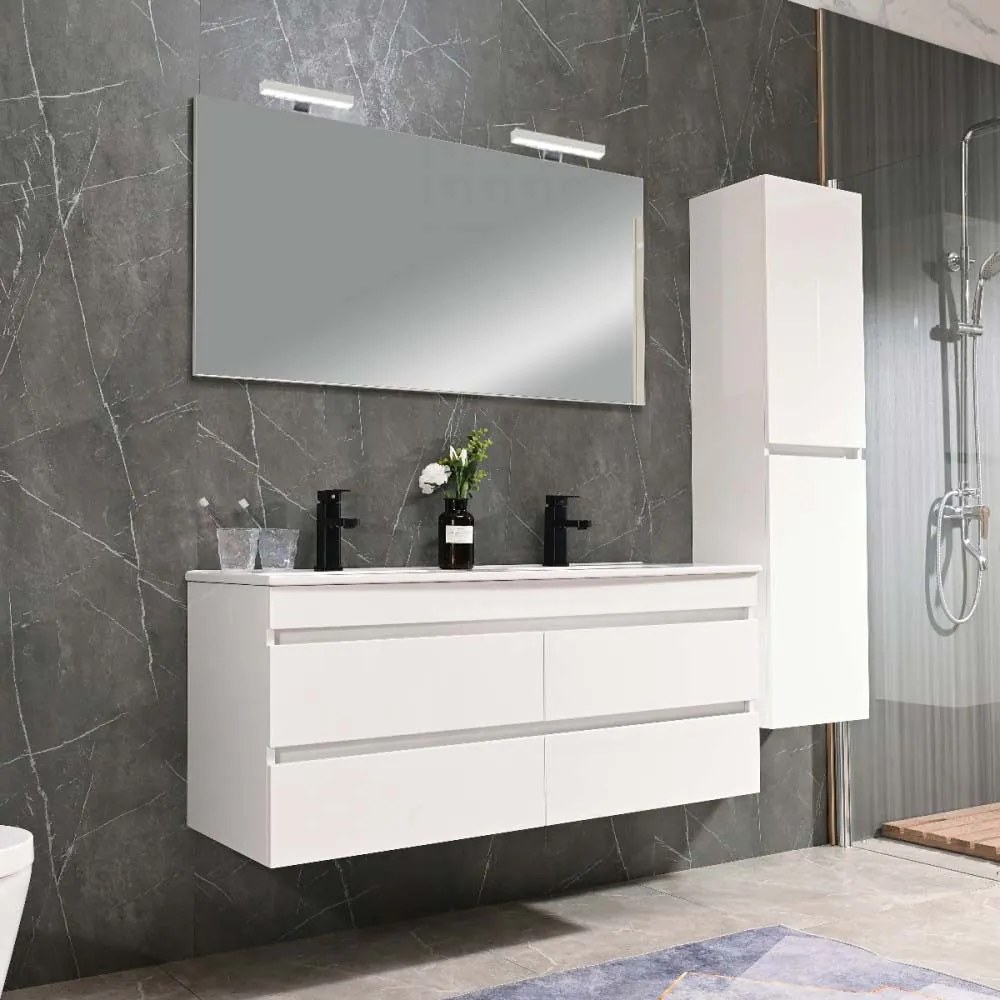 Mobilier de baie Cube 120 cm cu chiuvetă și oglindă ceramică 60x120 cm vopsit în alb lucios