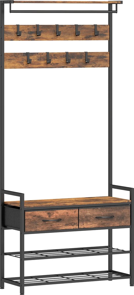 HOMCOM Cuier cu cârlige pentru haine, bancă pentru încălțăminte, organizator industrial pentru hol, cadru din oțel, Maro rustic | Aosom Romania