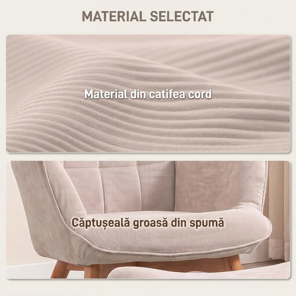 HOMCOM Fotoliu cu Taburet pentru Cameră sau Living din Catifea cu Model Crestat , Spătar Înalt și Brațe, 72x80x101 cm, Bej | Aosom Romania
