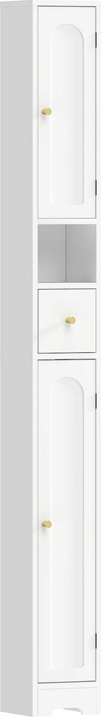 HOMCOM Dulap de baie îngust cu sertar uși arcuite compartiment deschis raft reglabil 20x20x185 cm Alb | Aosom Romania
