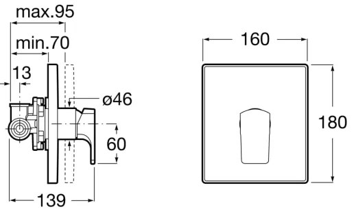 Roca A5A2B01C00 - Baterie de duș pentru montaj încastrat L90, crom lucios