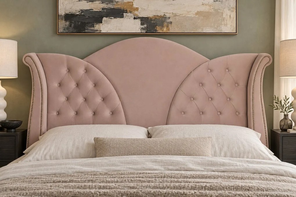 Pat tapițat Chesterfield din catifea Velora Deluxe Classic 180×200 cm, cappuccino, cu ladă de depozitare