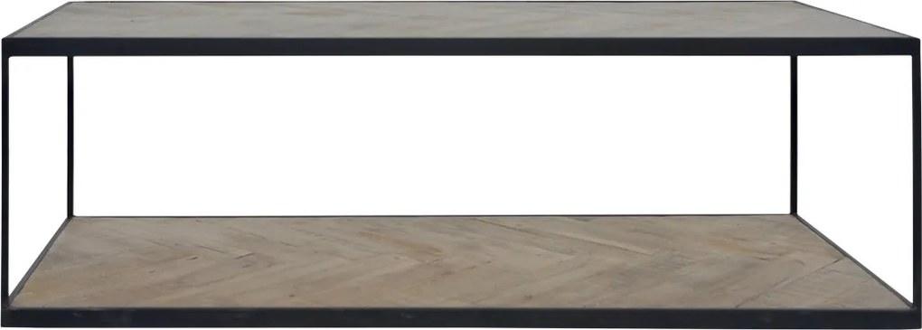 Măsuță de cafea dreptunghiulară din lemn reciclat și metal, natur și negru, model în spic cu raft, finisaj mat, 37 x 120 x 50 cm, „Versailles”