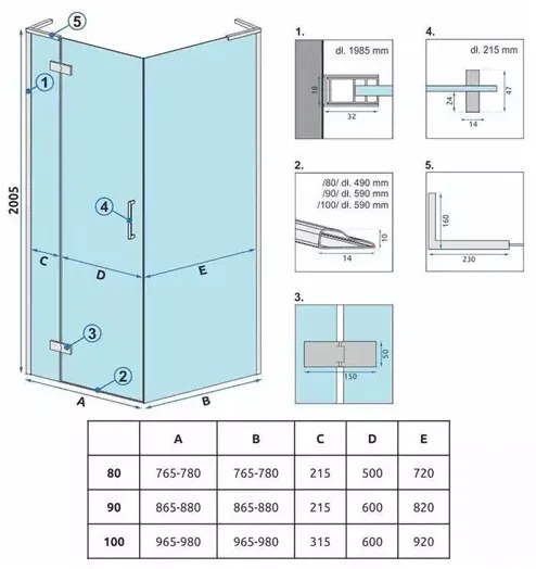 Cabina de dus patrata Rea Hugo cu usa batanta 80x80 cm auriu periat