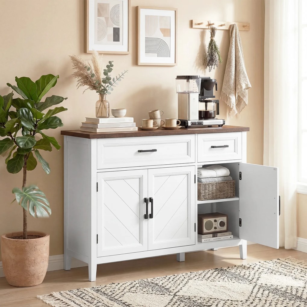 HOMCOM Bufet pentru living, mobilier de depozitare cu 3 uși cu model chevron, 2 sertare și 2 rafturi reglabile, 110 x 35 x 80,5 cm, alb | Aosom Romania