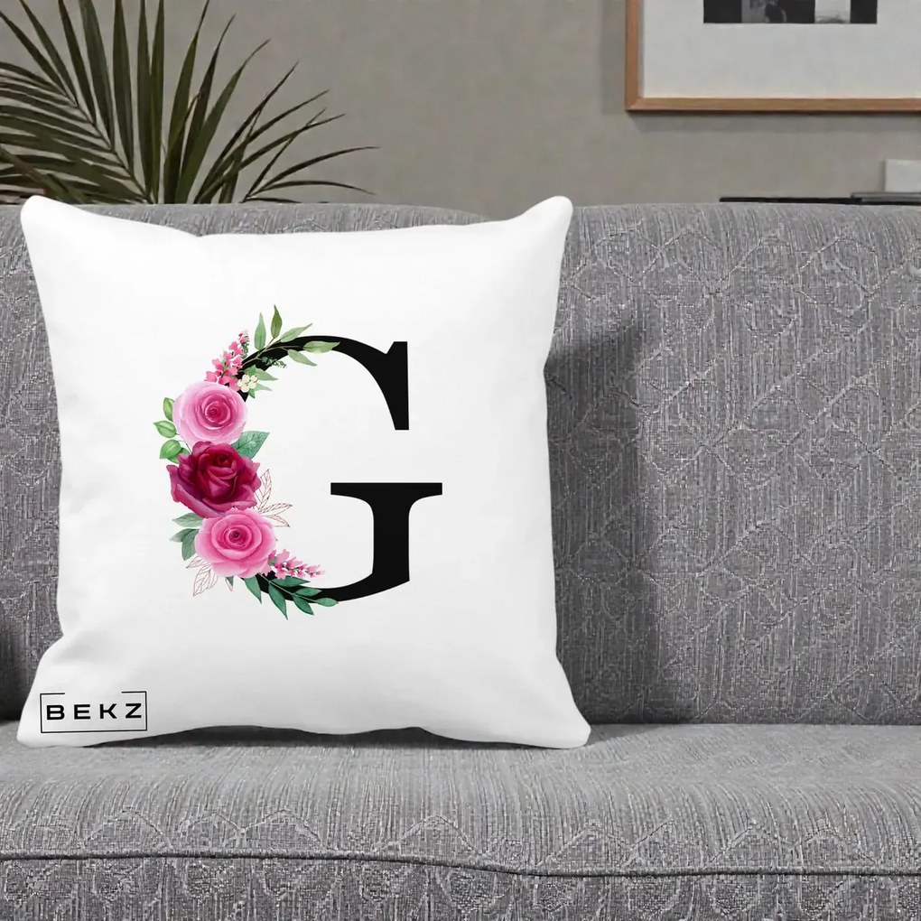 Cadou Personalizat - Perna Personalizata Monograma Florala Litera G, 40x40 cm, Alba Mata, Husa Detasabila, Perna Inclusa, BEKZ®