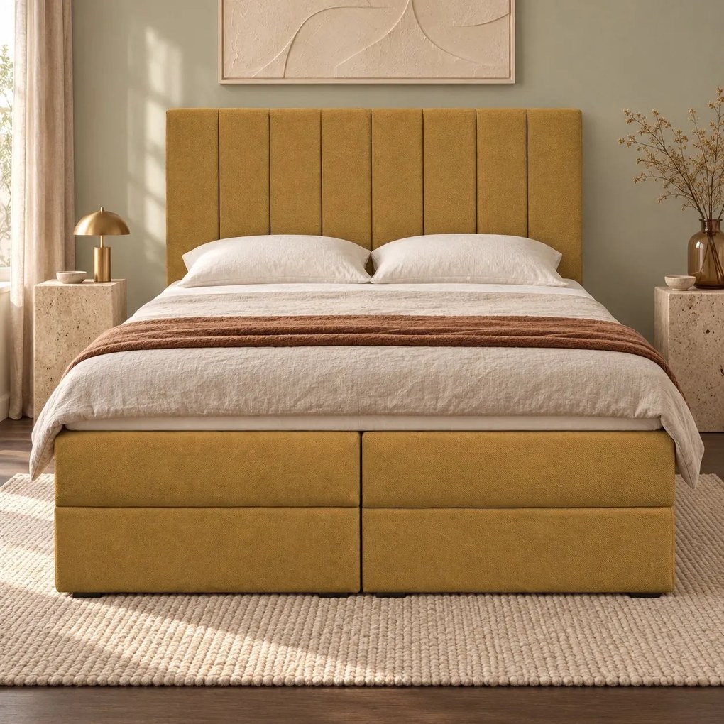 Pat boxspring din catifea Novella cu ladă 140×200 cm, galben muștar