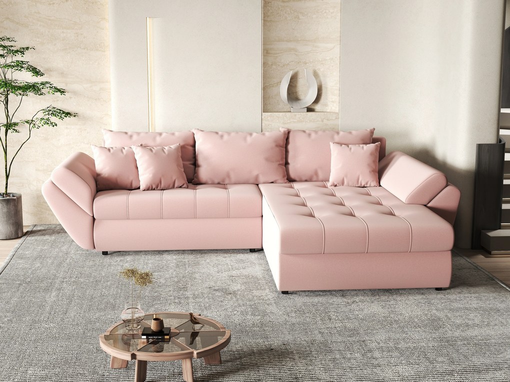 Colțar extensibil dumonde cu ladă de depozitare si sezut confortabil din spuma high-density, Loana Royal Pink II 270x185 cm