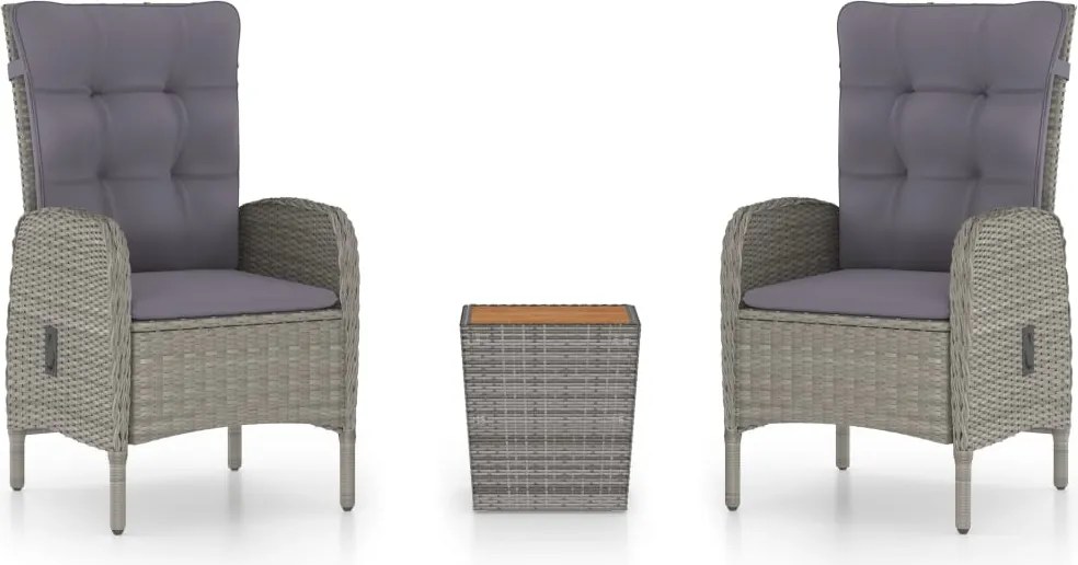 vidaXL Set mobilier grădină, 3 piese, gri, poliratan și lemn acacia