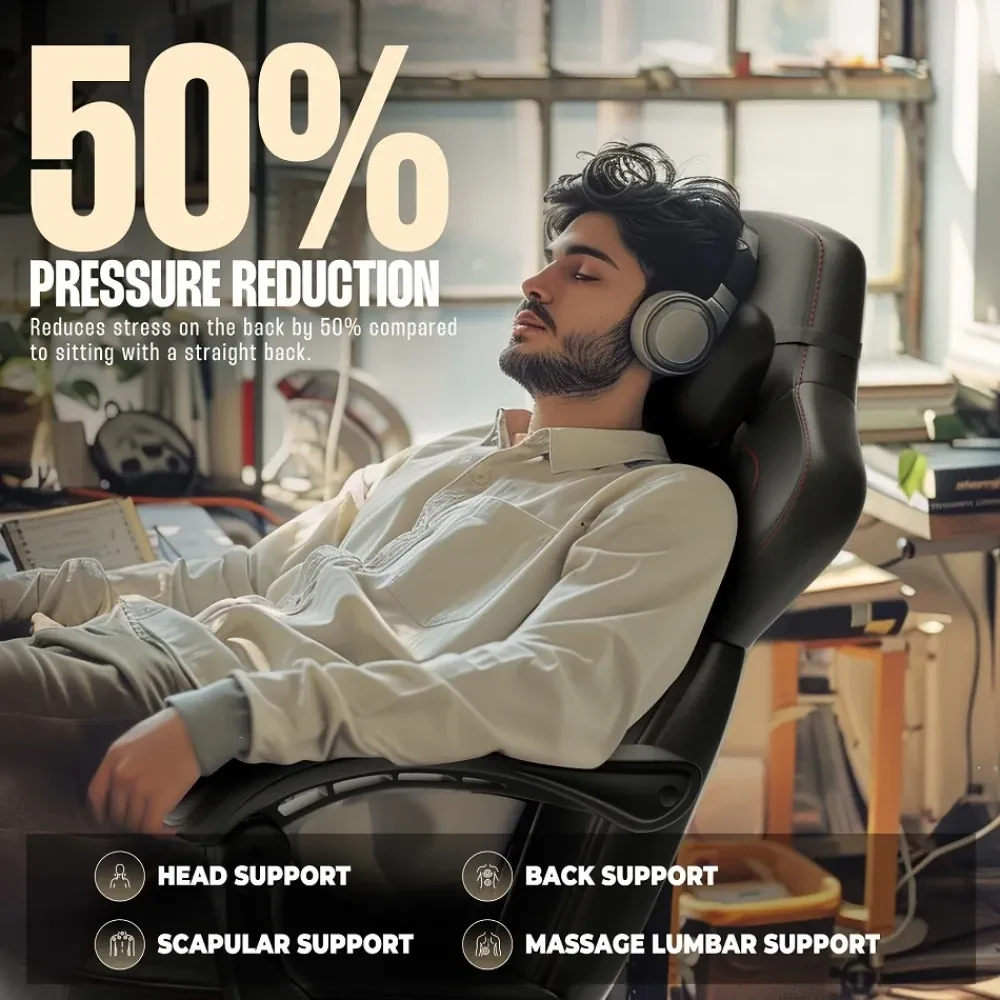 DOWINX Scaun gaming, ergonomic, suport lombar cu masaj, Șezut cu Arcuri Metalice și Spumă, Spătar înalt, rabatabil 90°-145°, Buzunar depozitare, Suport picioare, rezistent 150 kg, material PU respirabil, Negru/Gri