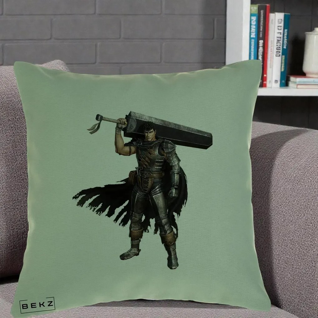 Perna Personalizata Berserk Guts Luptatorul Negru, 40x40 cm, Verde, Husa Detasabila, Perna Inclusa, BEKZ®