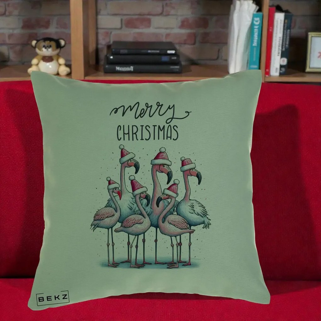 Perna Decorativa Flamingo Merry Christmas, 40x40 cm, Verde, Husa Detasabila, Perna Inclusa, BEKZ®