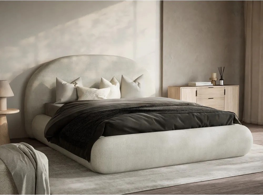 Pat matrimonial crem tapițat cu spațiu de depozitare cu somieră 140x200 cm Maumere – Maison de Rêve