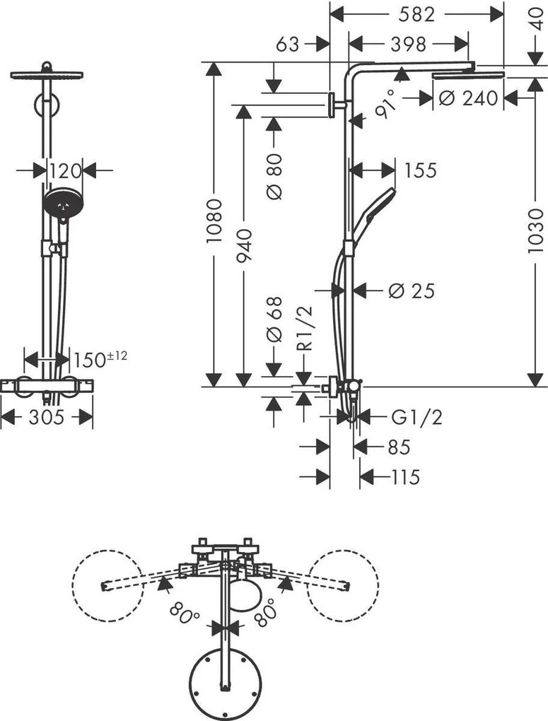 Sistem de dus Hansgrohe Raindance Select S 240 PowderRain, termostat, 1 jet, alb mat - 27633700