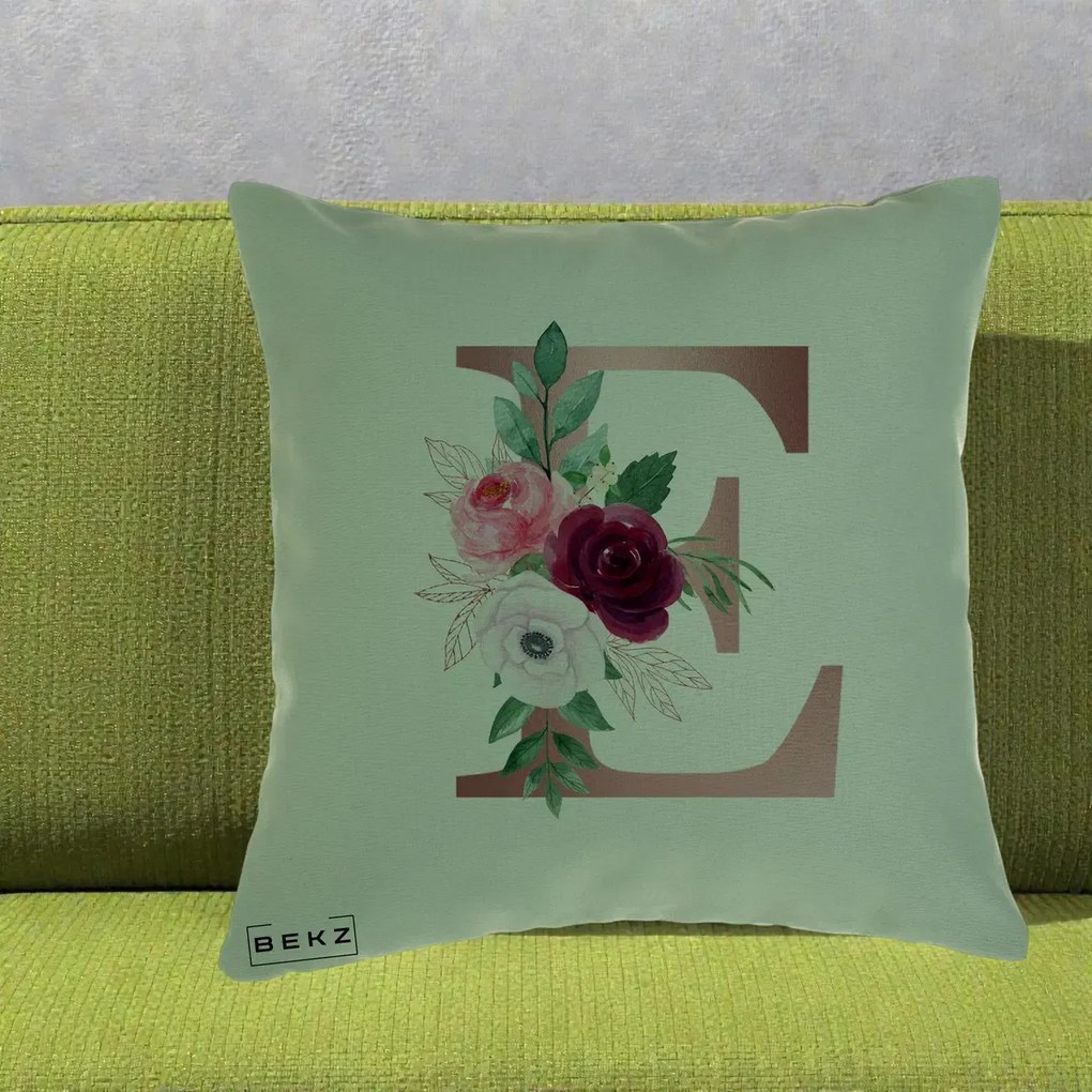 Cadou Personalizat - Perna Personalizata Monograma Rose Gold Litera E, 40x40 cm, Verde, Husa Detasabila, Perna Inclusa, BEKZ®