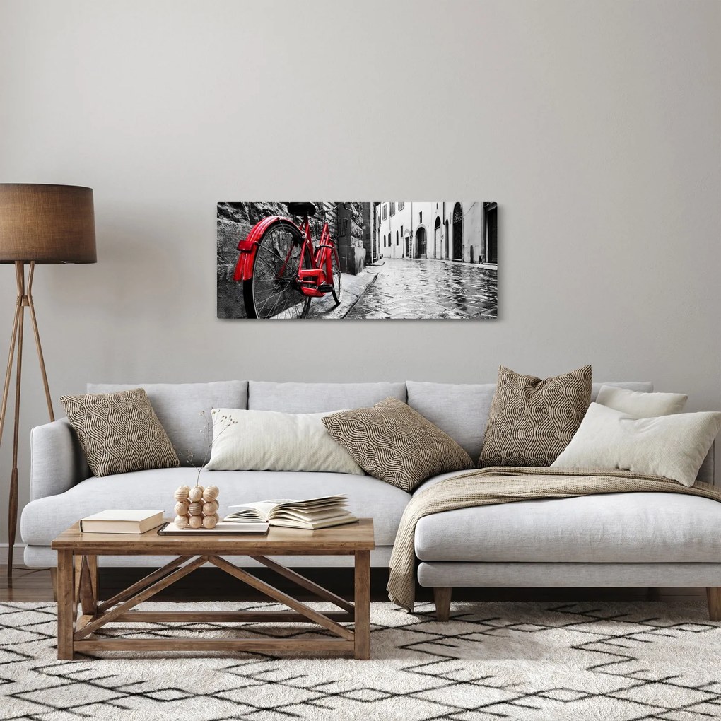 Tablou - Bicicleta roșie pe o stradă pavată (120x50 cm)