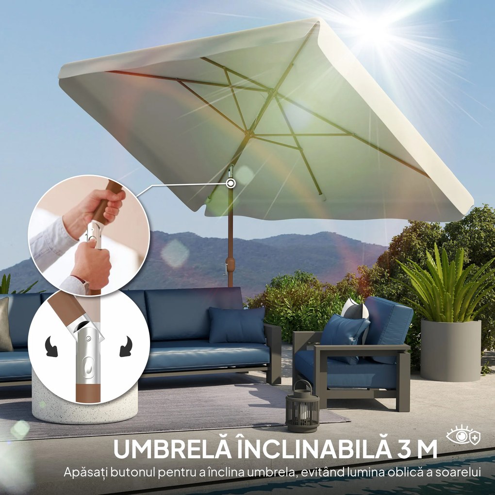 Outsunny Umbrelă de Grădină 2x3 m Inclinabilă cu Deschidere cu Manivelă, Orificiu de Ventilație și Margine cu Volane, Umbrelă de Exterior Dreptunghiulară Anti-UV 50+ din Aluminiu și Poliester de 180 g/㎡, Crem | Aosom Romania
