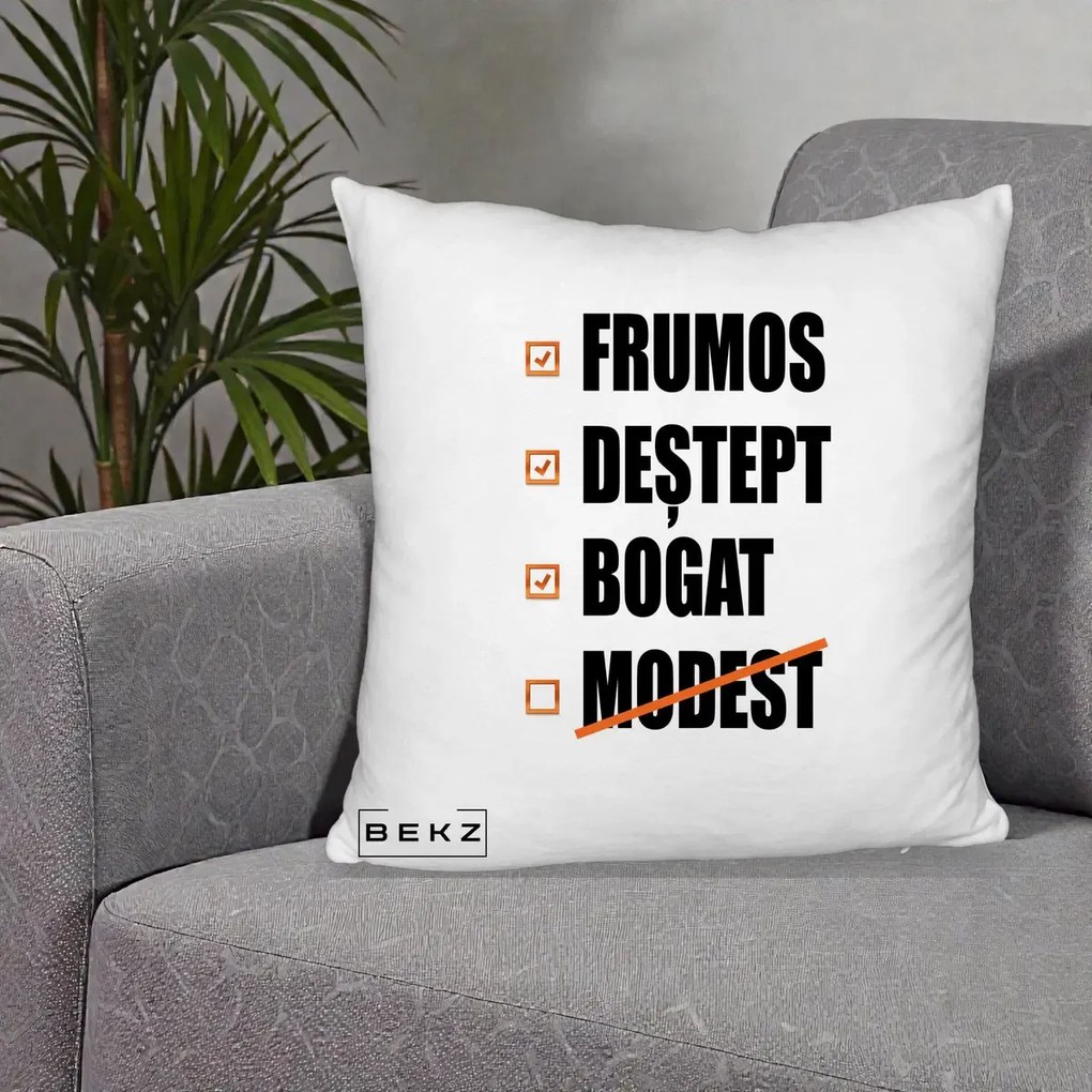Perna Decorativa Frumos Destept Bogat, 40x40 cm, Alb Pufos, Husa Detasabila, Perna Inclusa, BEKZ®